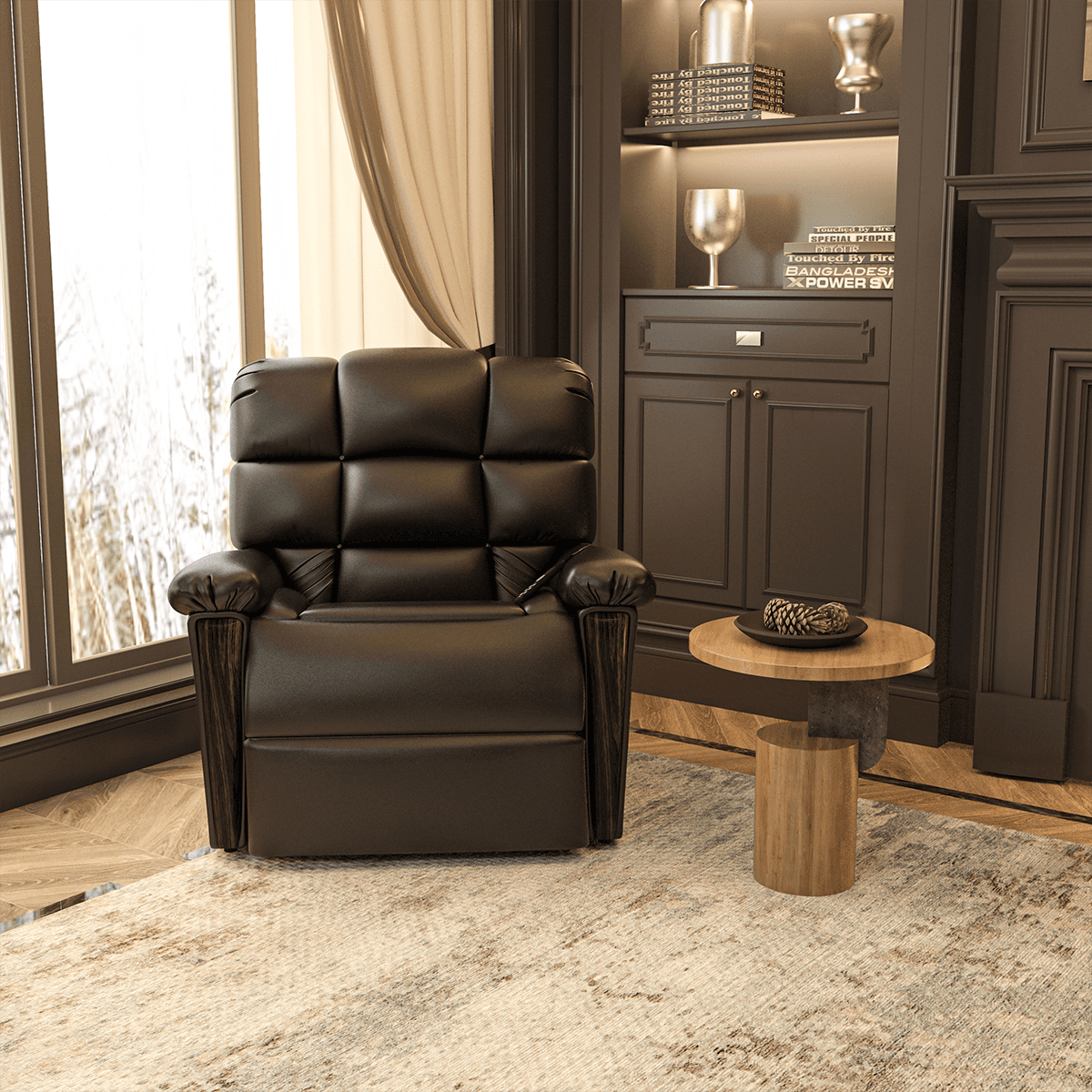 Naples Bread 0-Gravity Power Leather Recliner in a sophisticated home interior. A perfect blend of comfort and style with plush cushioning and wooden details.
