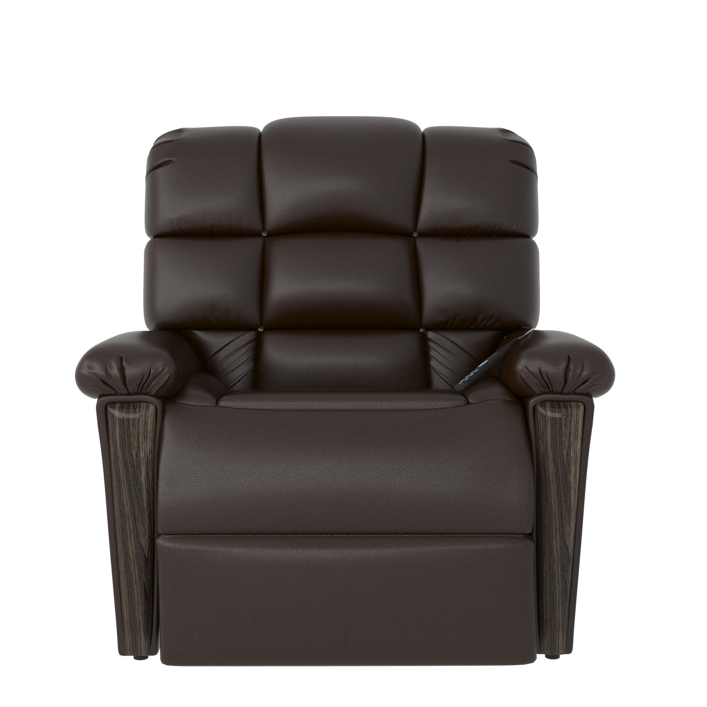 Front view of the Naples Bread 0-Gravity Power Leather Recliner. Features plush cushioning, ergonomic design, and stylish wooden armrest accents.