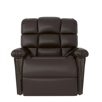 Front view of the Naples Bread 0-Gravity Power Leather Recliner. Features plush cushioning, ergonomic design, and stylish wooden armrest accents.