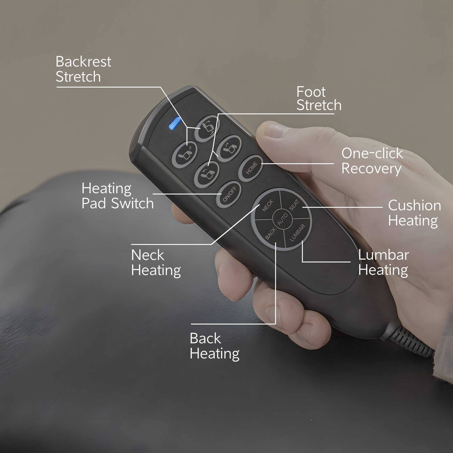 Close-up of the remote control for the Naples Bread 0-Gravity Power Leather Recliner. Includes heating, backrest stretch, foot stretch, and one-click recovery functions.