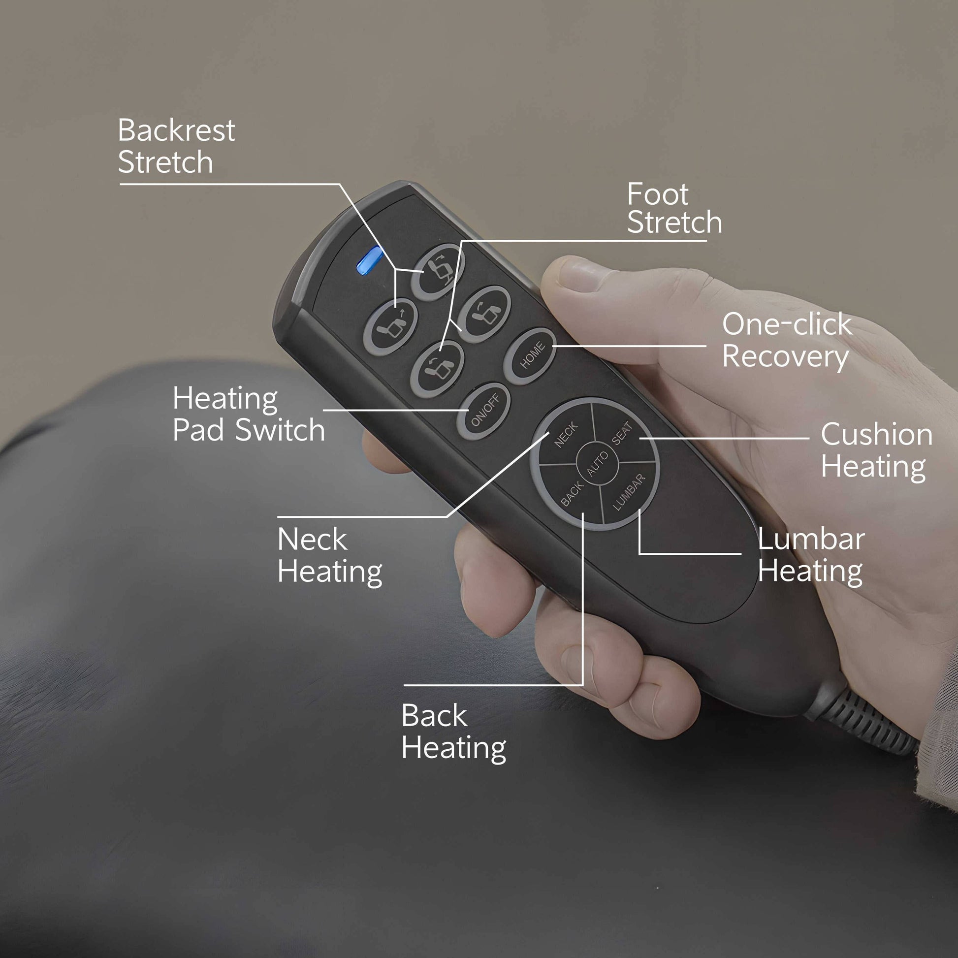 Close-up of the remote control for the Naples Bread 0-Gravity Power Leather Recliner. Includes heating, backrest stretch, foot stretch, and one-click recovery functions.