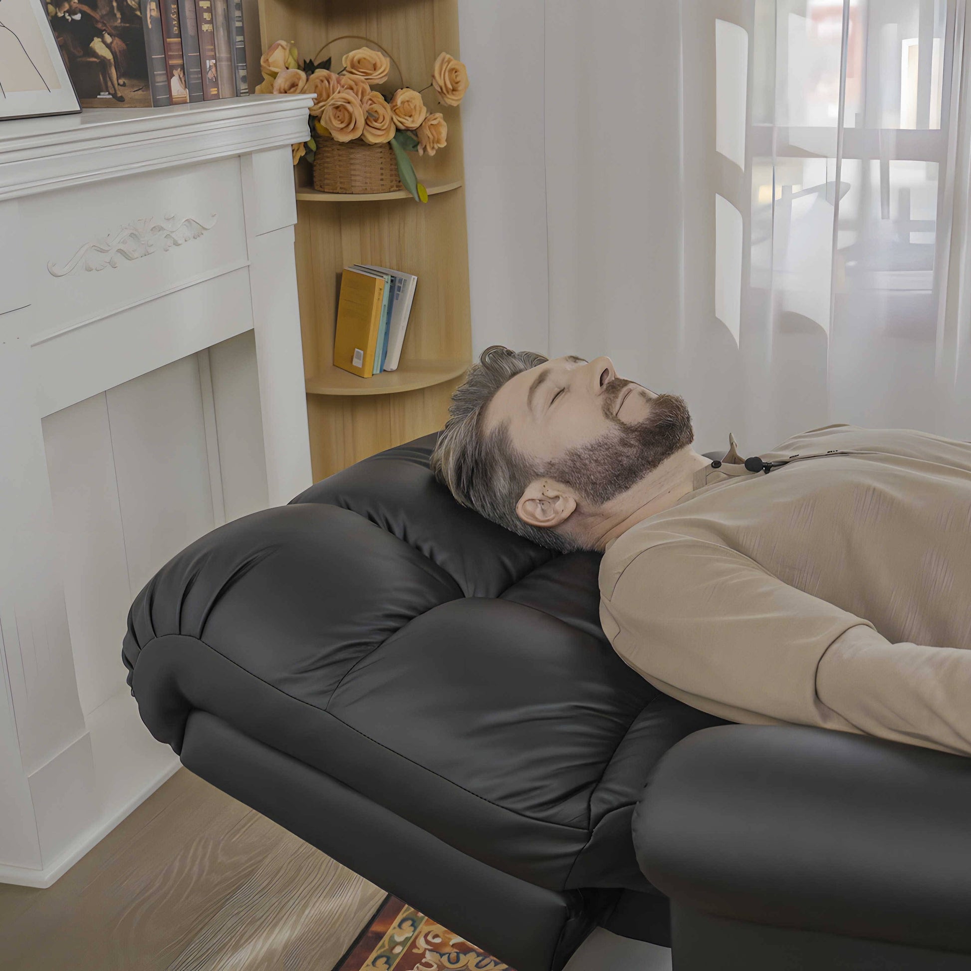Man reclining on the Naples Bread 0-Gravity Power Leather Recliner, enjoying full-body support. Ideal for relaxation with plush cushioning and ergonomic design.