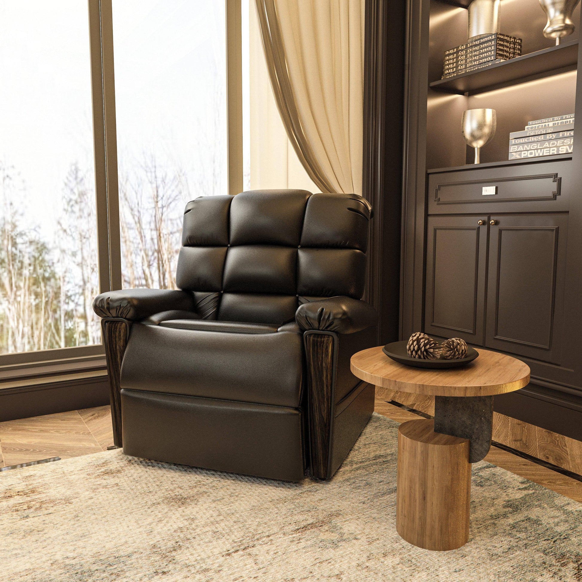 Luxurious Power Leather Recliner in a cozy study room setting. The Naples Bread 0-Gravity chair offers premium relaxation with a stylish wood-accented design.