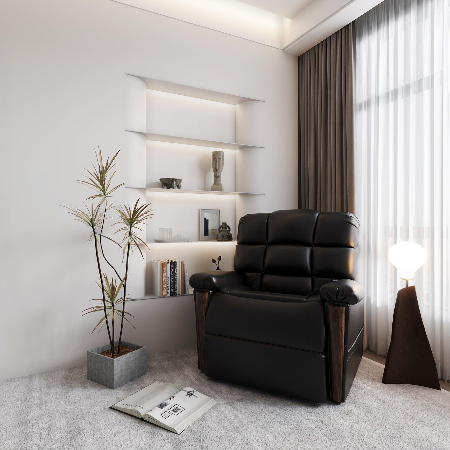 Elegant Naples Bread 0-Gravity Power Leather Recliner in a modern living room. Features plush cushioning and wooden armrest accents for ultimate comfort.