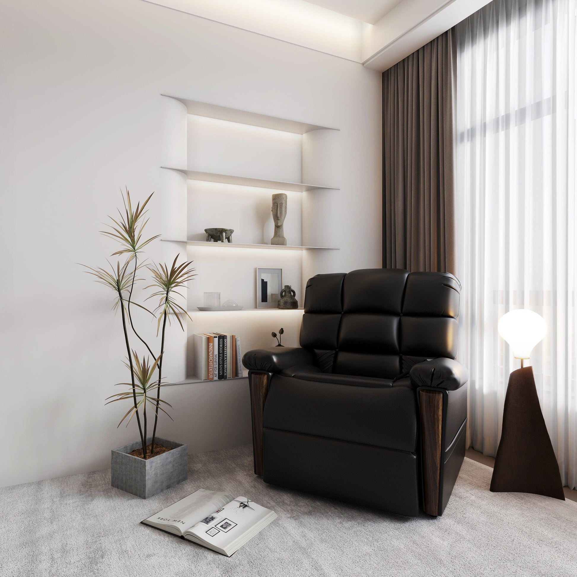 Elegant Naples Bread 0-Gravity Power Leather Recliner in a modern living room. Features plush cushioning and wooden armrest accents for ultimate comfort.