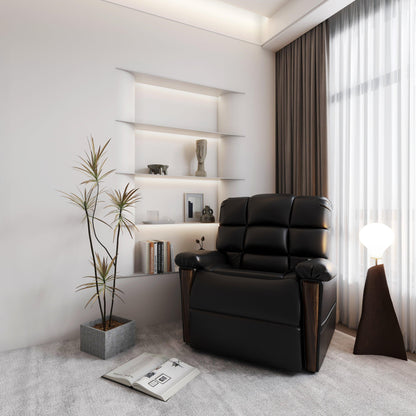 Elegant Naples Bread 0-Gravity Power Leather Recliner in a modern living room. Features plush cushioning and wooden armrest accents for ultimate comfort.