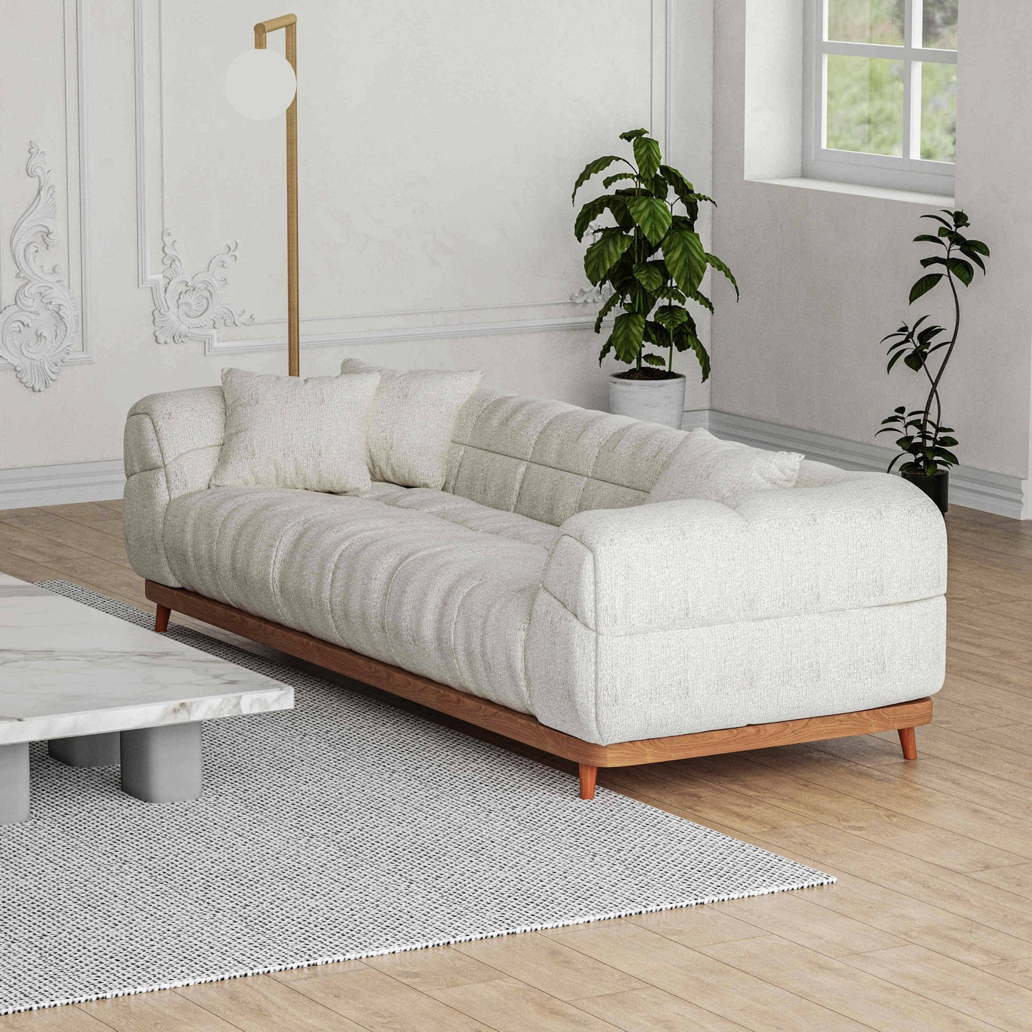 San Marino 3 Seater Cloud Fabric Sofa in a luxurious living room setting. This modern, plush sofa offers ultimate comfort with its soft woven fabric.