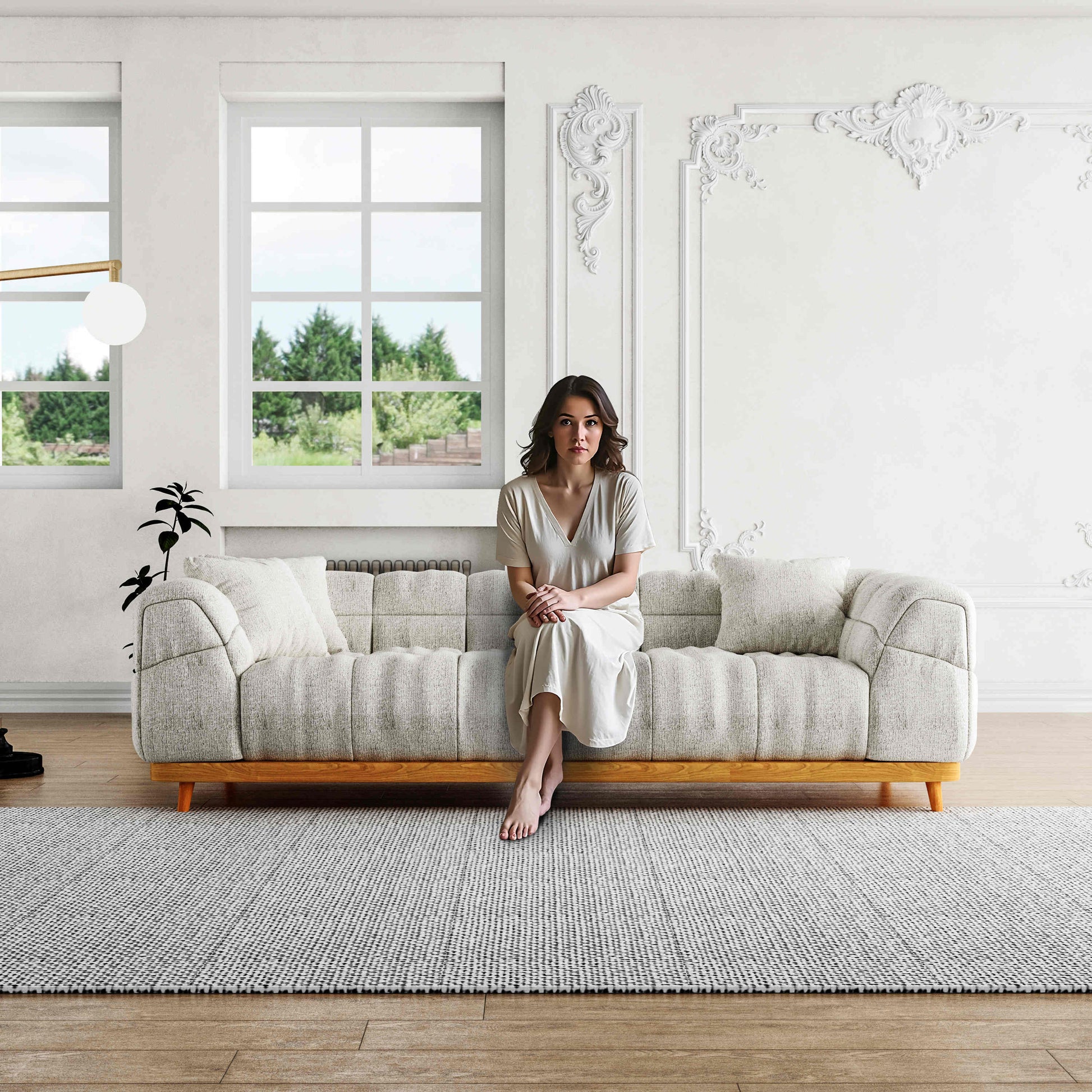 San Marino 3 Seater Cloud Fabric Sofa in a luxurious living room setting. This modern, plush sofa offers ultimate comfort with its soft woven fabric.