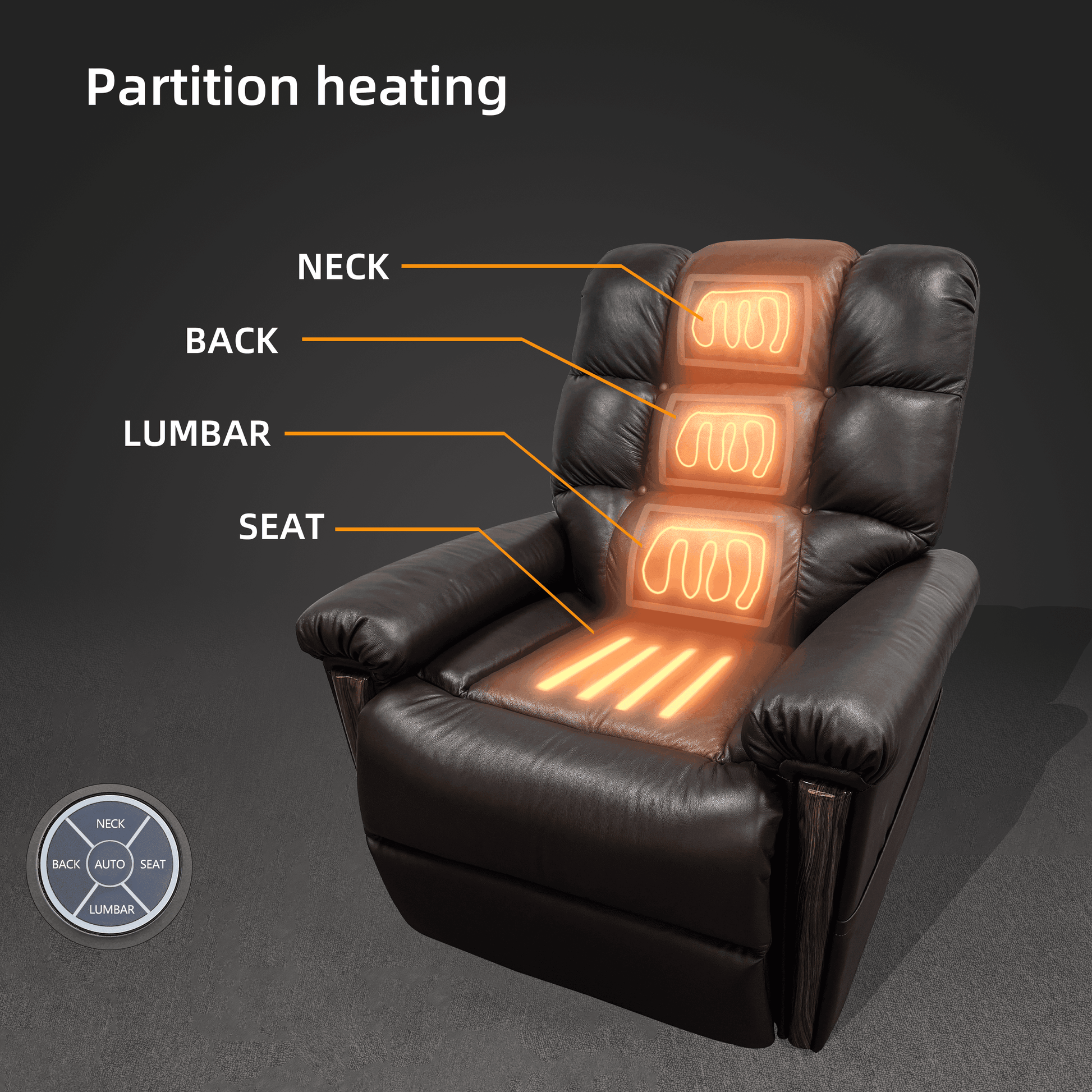 Naples Bread 0-Gravity Power Leather Recliner with partition heating zones. Features targeted warmth for neck, back, lumbar, and seat comfort.