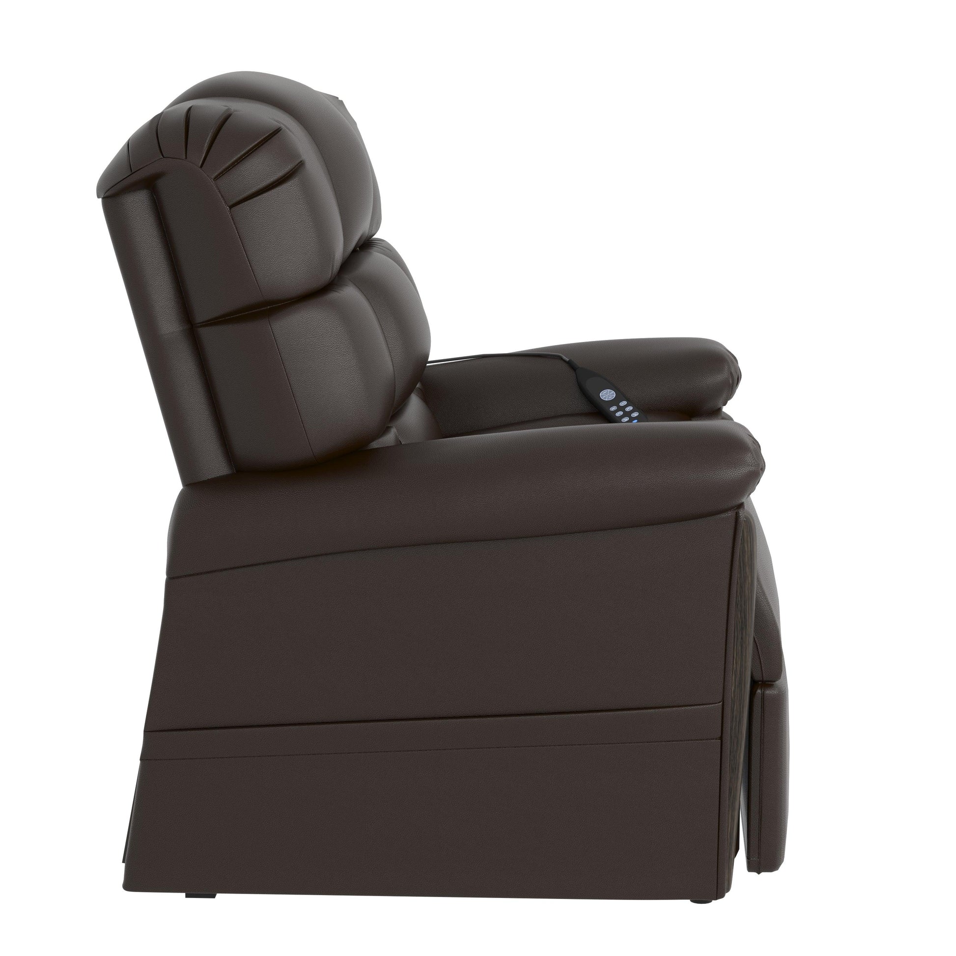 Side profile of the Naples Bread 0-Gravity Power Leather Recliner. Showcases its sleek design, plush cushioning, and ergonomic remote control.