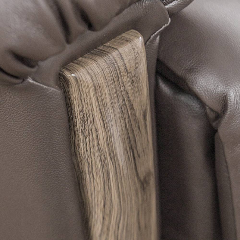Detailed view of the wooden armrest accent on the Naples Bread 0-Gravity Power Leather Recliner. A stylish touch to the premium leather upholstery.