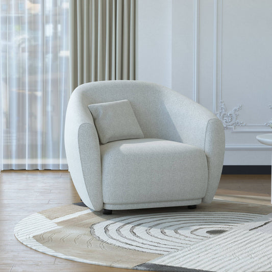 Florence Shuke Camel Fabric Chair with a modern curved design in soft camel fabric. Perfect for contemporary living spaces and cozy seating.