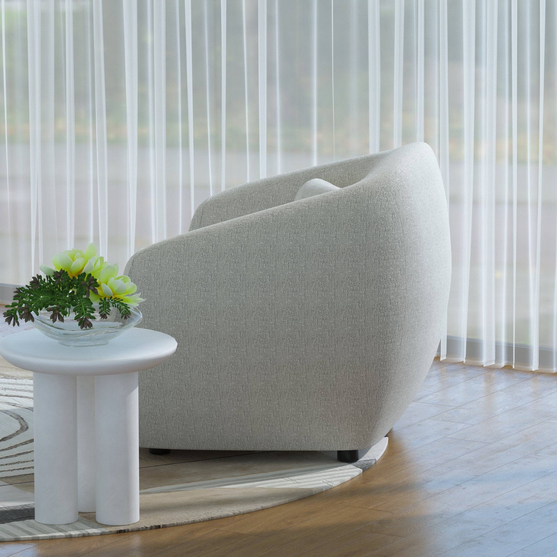 Florence Shuke Camel Fabric Chair with a modern curved design in soft camel fabric. Perfect for contemporary living spaces and cozy seating.