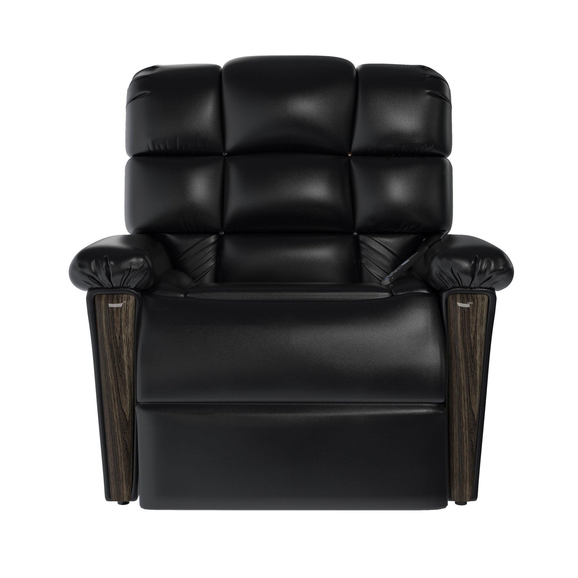 Black Naples Bread 0-Gravity Power Leather Recliner with wooden armrest accents. A luxurious and stylish addition to any living space.